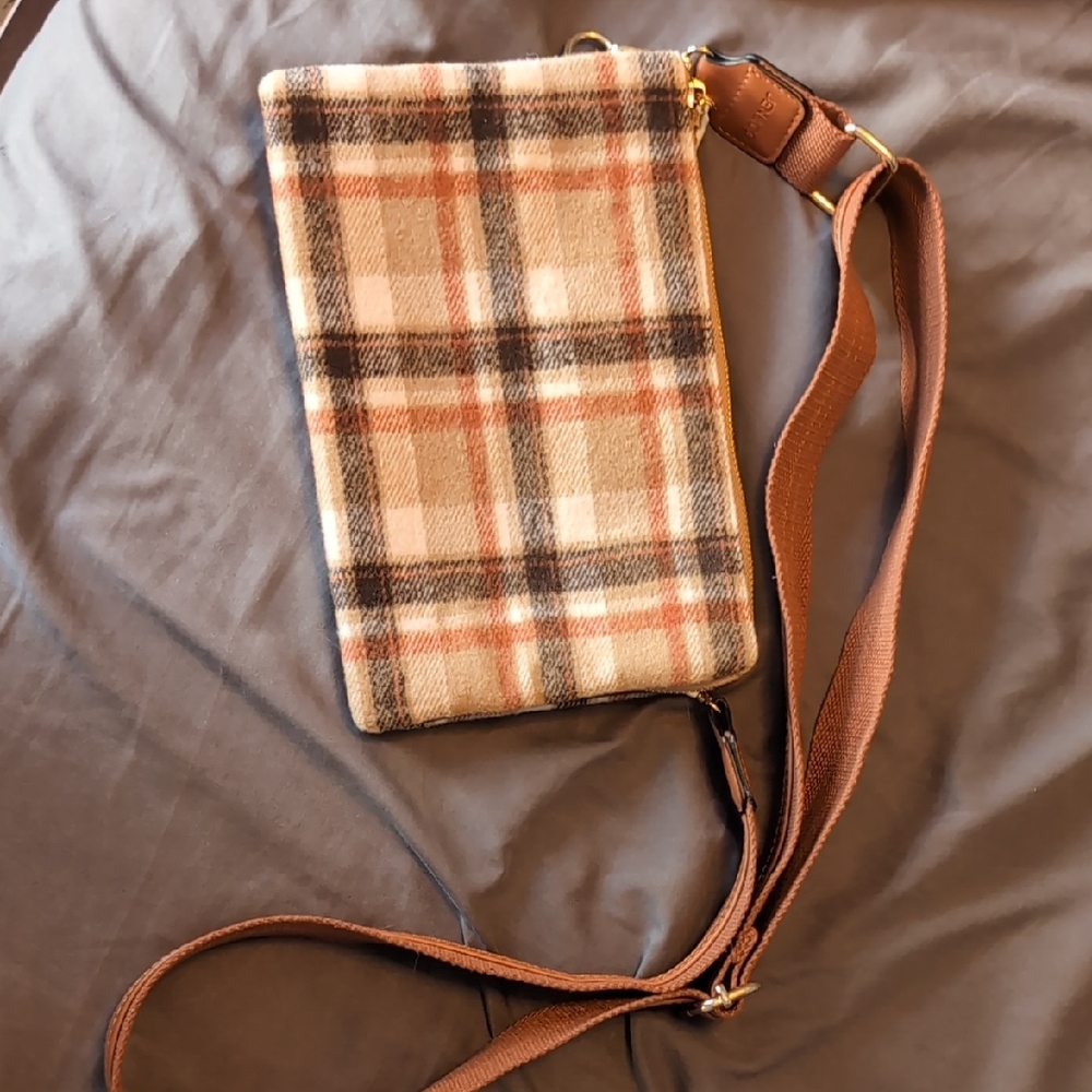Plaid Crossbody Bag with Brown Strap